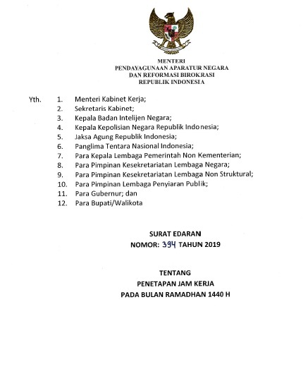 Surat Edaran Menteri PANRB Nomor 394 Tahun 2019 tentang Penetapan Jam Kerja Pada Bulan Ramadhan 1440 H